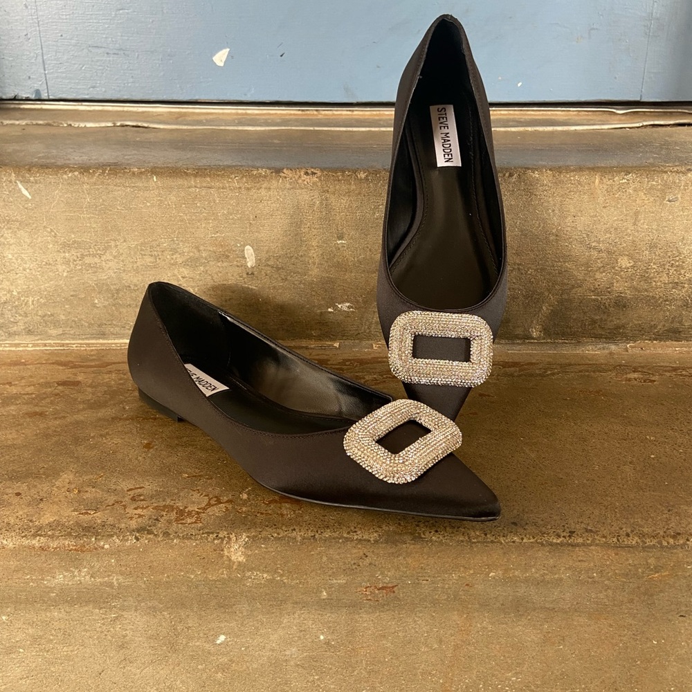 Steve Madden Tink Black Satin Pointed Toe Flats with Crystal Buckle